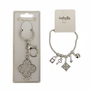 Silver Clover Charm Bracelet and Keychain Set